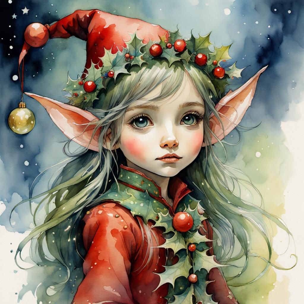 Adorable Christmas Elf in Detailed Watercolor Style