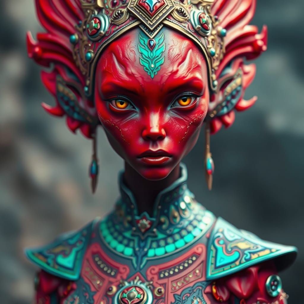 Regal Crimson Alien Idol in Iridescent Attire