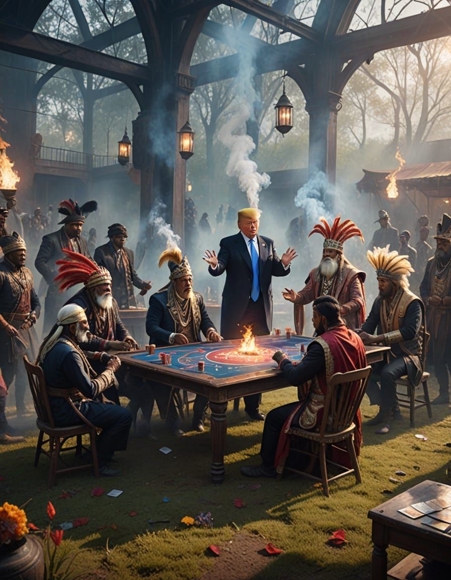 Donald Trump at a card table explains to surprised Indians t...