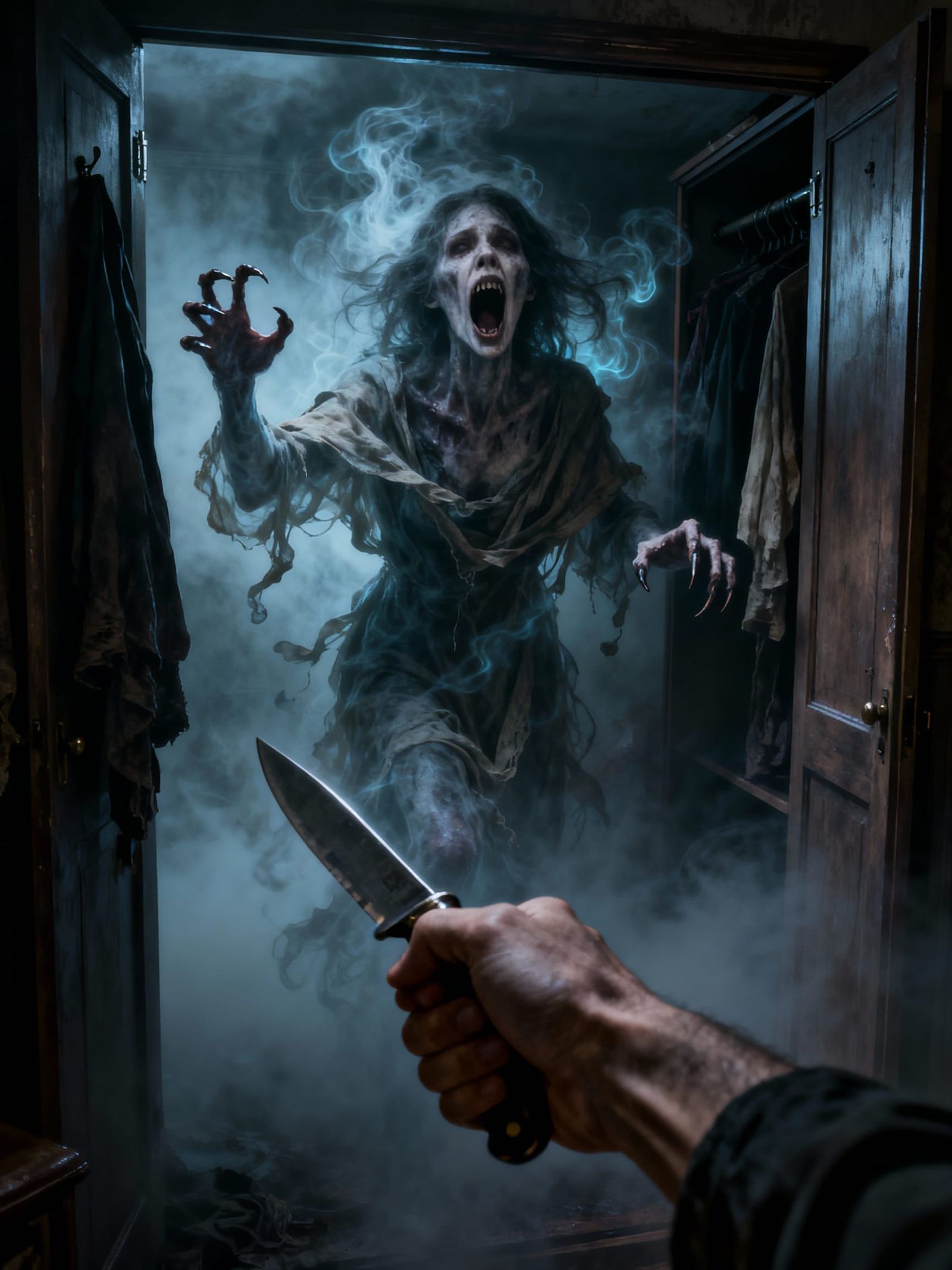 Ethereal Wraith Emerges From Mist with Claw-like Fingers