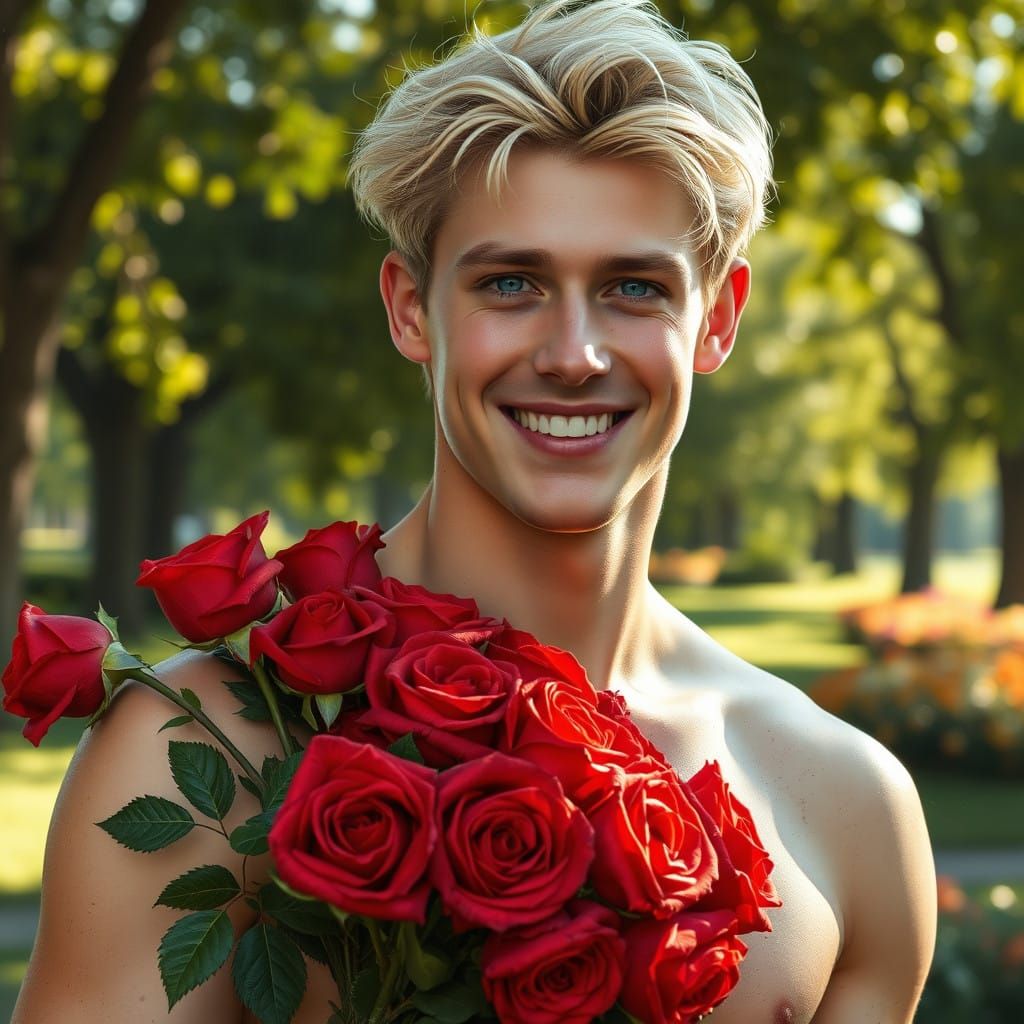 Striking Young Man Radiates Joy with Red Roses
