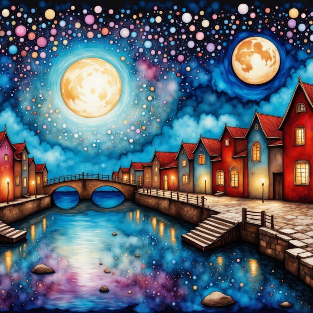 Rainy Night Townscape on Coast in Impressionist Style