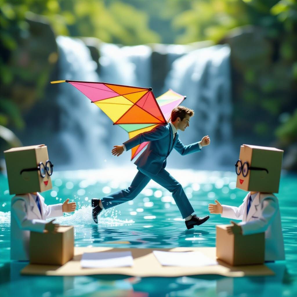 Biomachine Kite Runner on Waterfall in Kodachrome Style