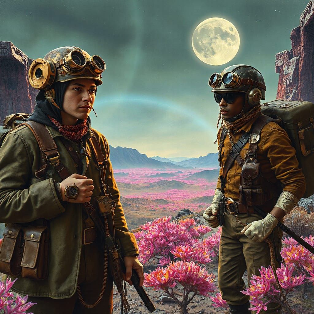 Steampunk Settlers on Alien World, Surreal Oil Painting