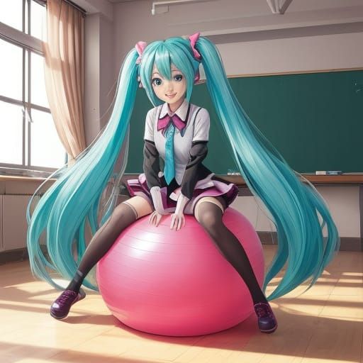 Vibrant Anime Girl Bounces on an Exercise Ball at School