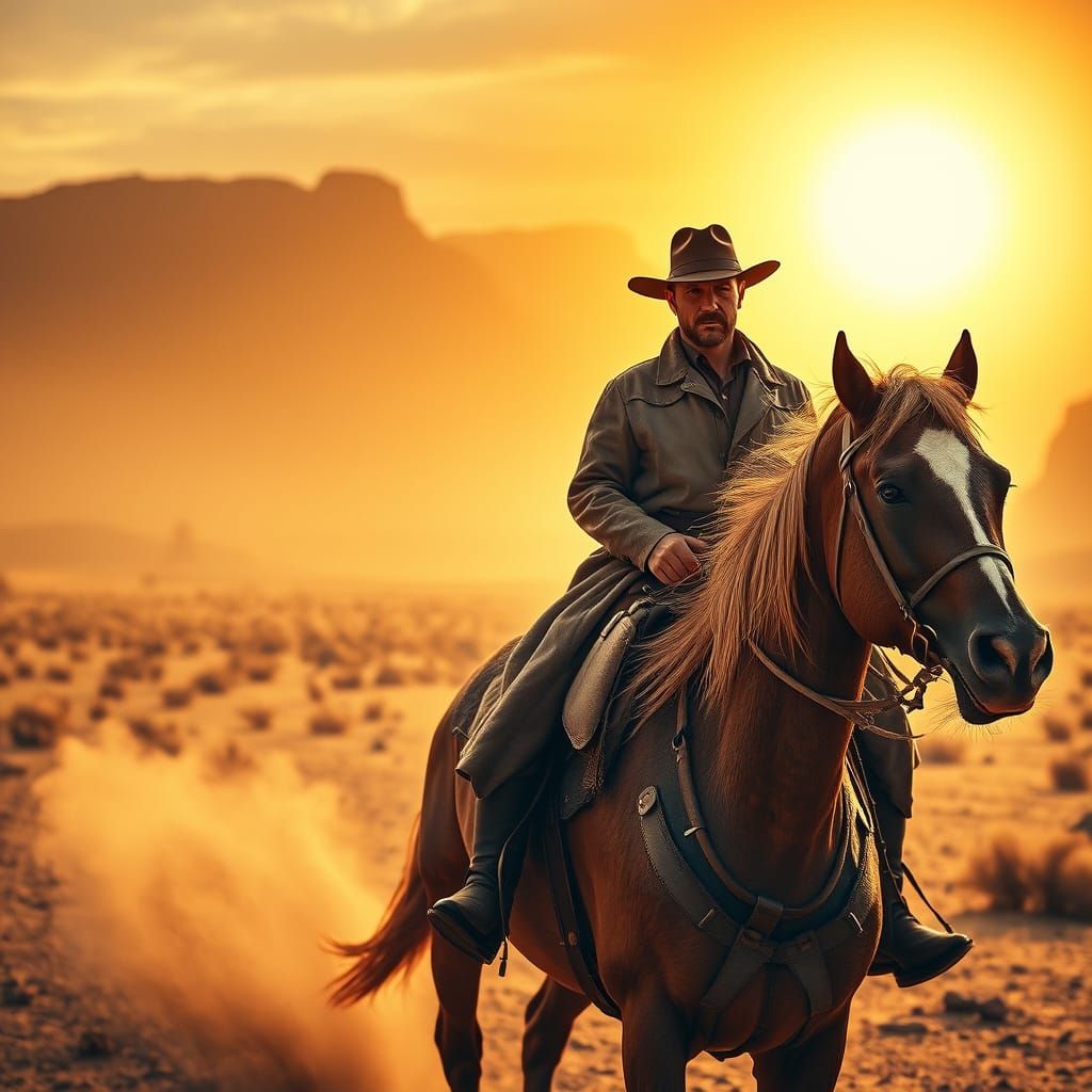 Lone Cowboy Rides in a Western Landscape