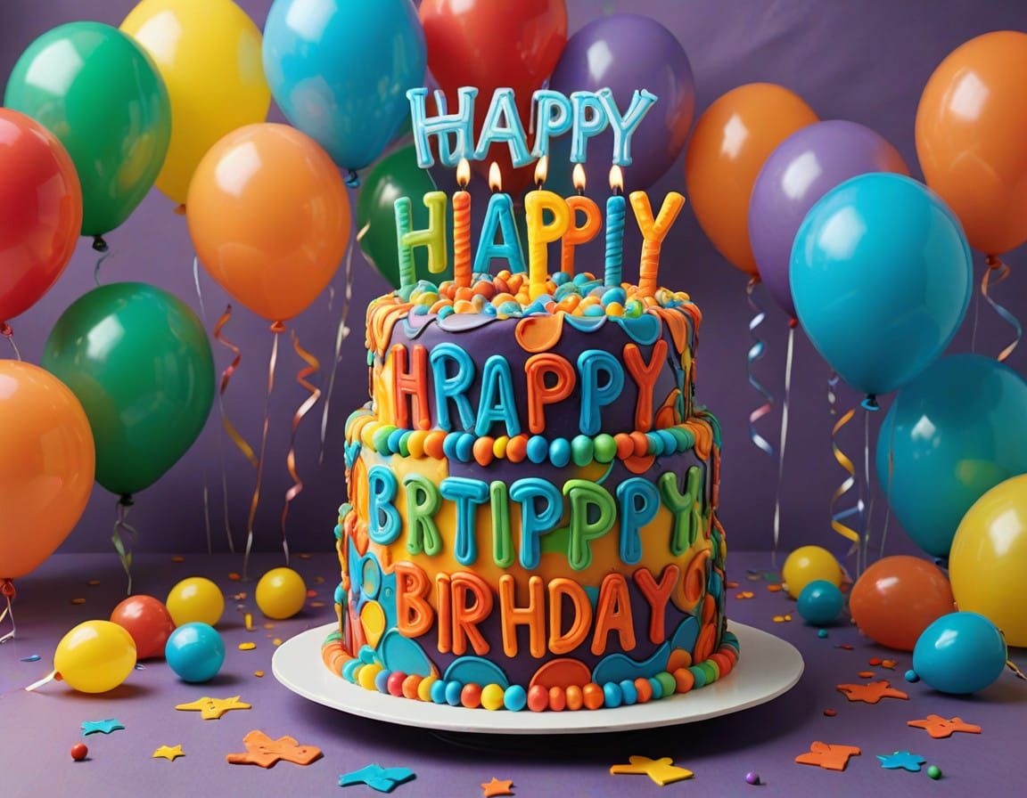 Birthday Cake in Vibrant Psychedelic Style with Happy Balloo...