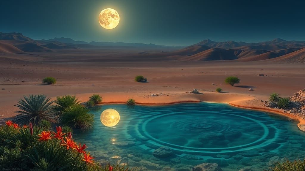 Desert Oasis Reflecting Moon in Bierstadt Style