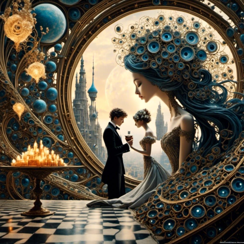 Romantic Dinner Under Surreal Eye in Fractal Style