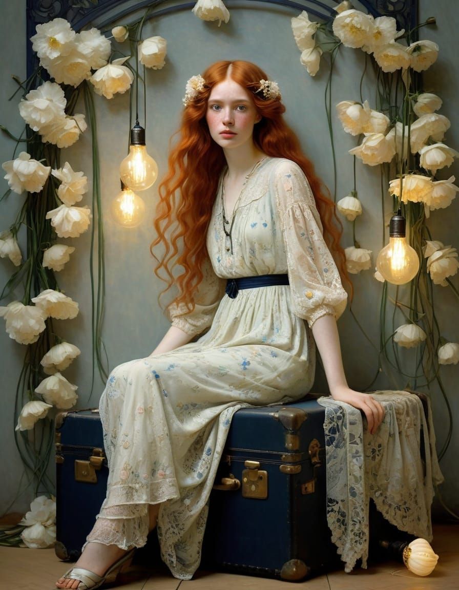 Glamorous Redhead Sits on Suitcases, Holding a Lightbulb in ...