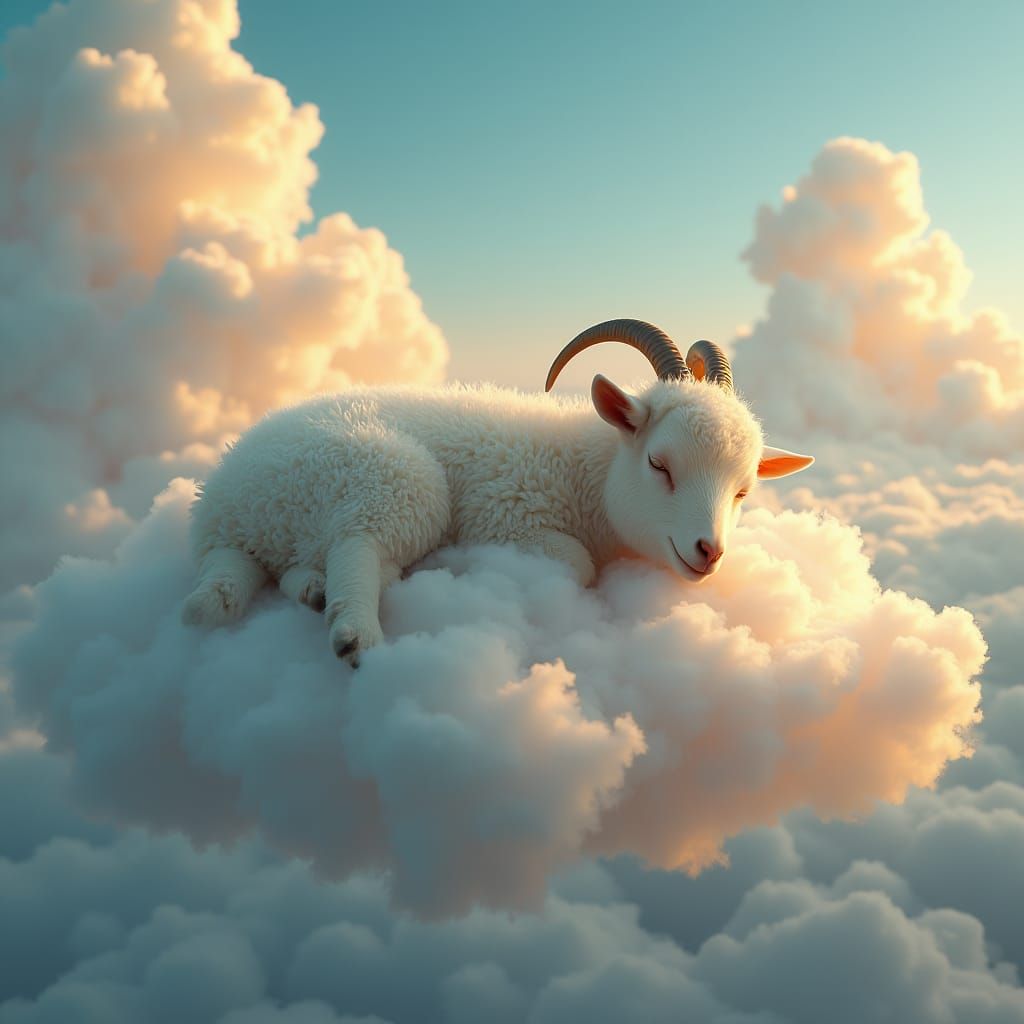 Goat Slumbering on Cloud in Ethereal Dreamscape