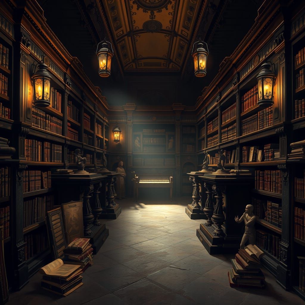 Renaissance-Era Library Scene with Ancient Tomes and Ornate ...