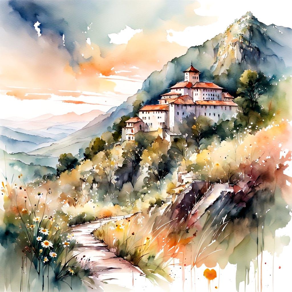 Mountain Monastery in Watercolor with Peach Sunset