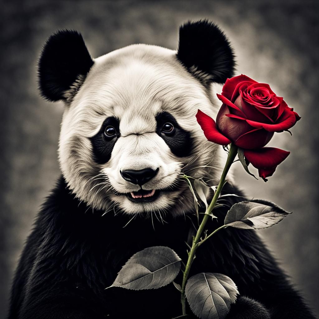 Desaturated Panda with Red Rose Photograph