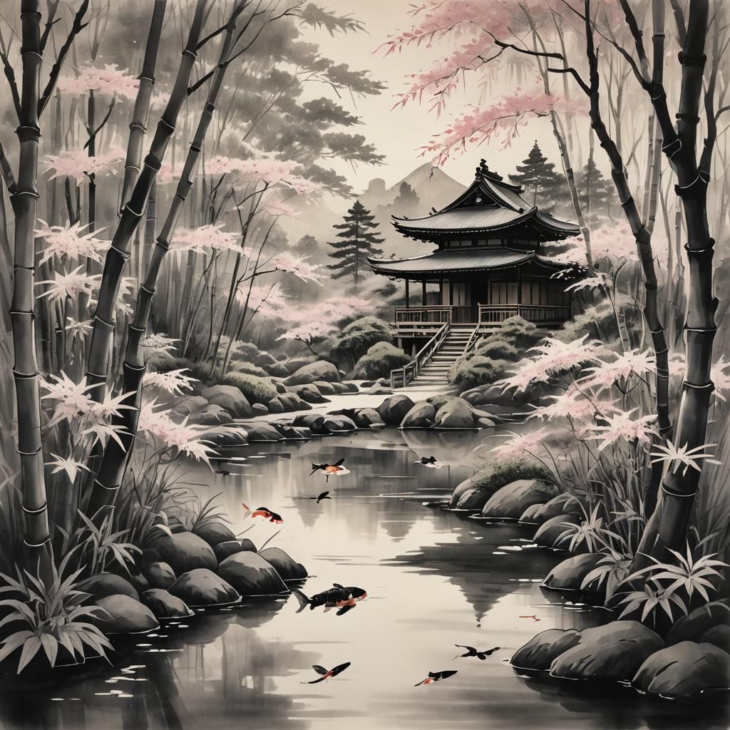 Japanese Tea House in Bamboo Forest, Ink Wash Style