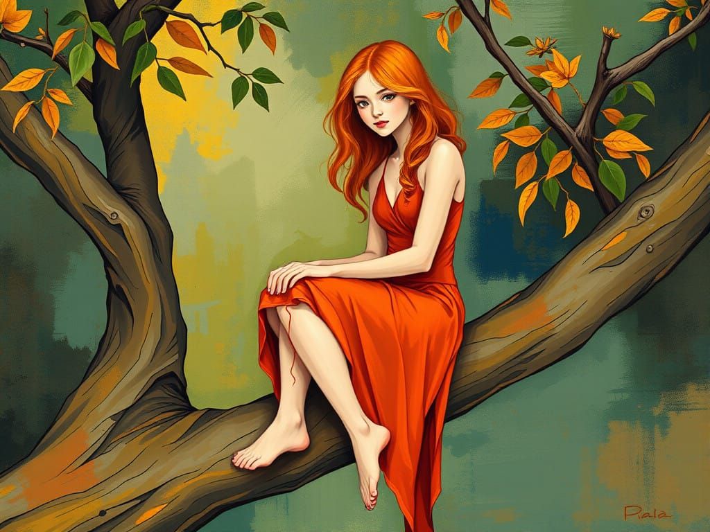Woman in Vibrant Autumn Branch