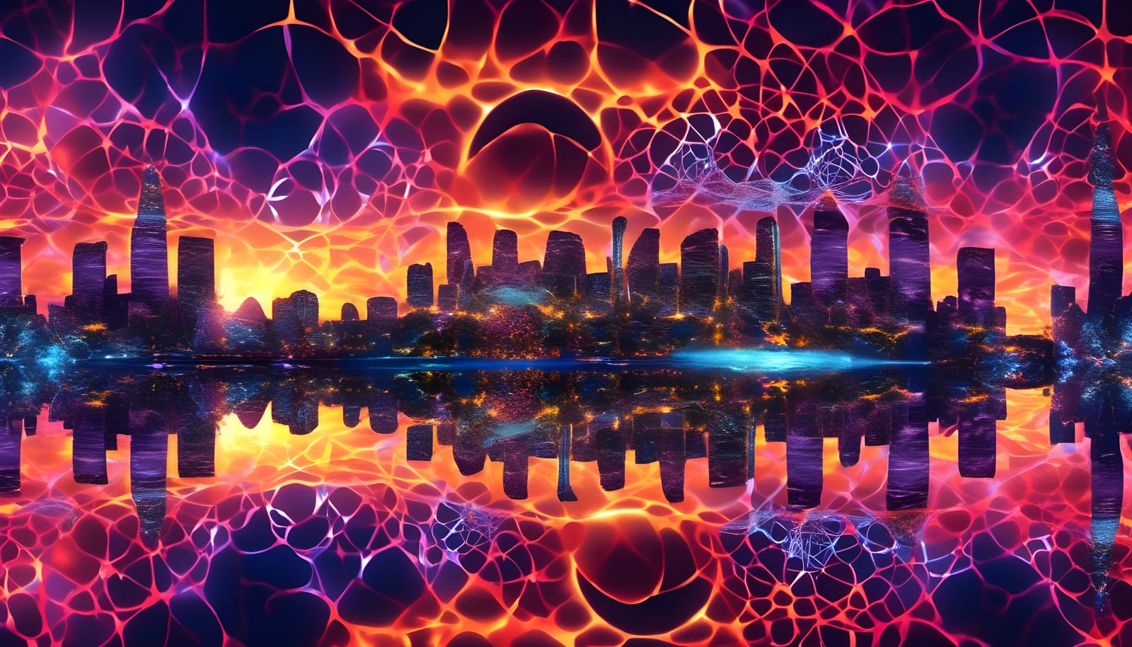 Fractal Sunset Over City Skyline