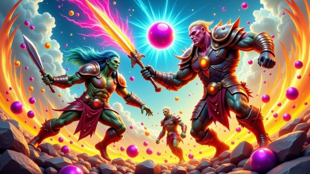 Vibrant Orcs Engage in Epic Bouncy Ball Battle under Radiant...