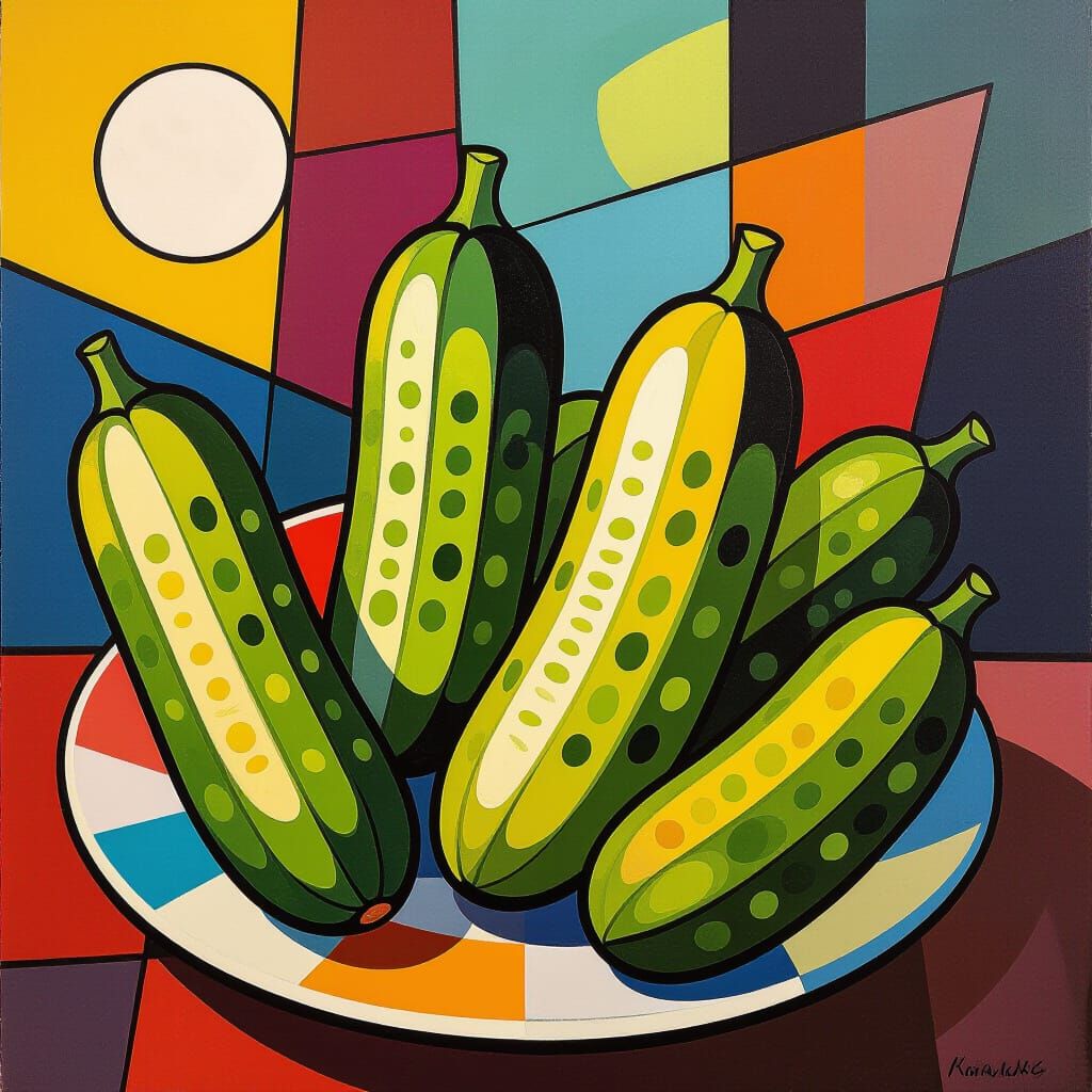 Surreal Cubist Pickle Art with Vibrant Colors