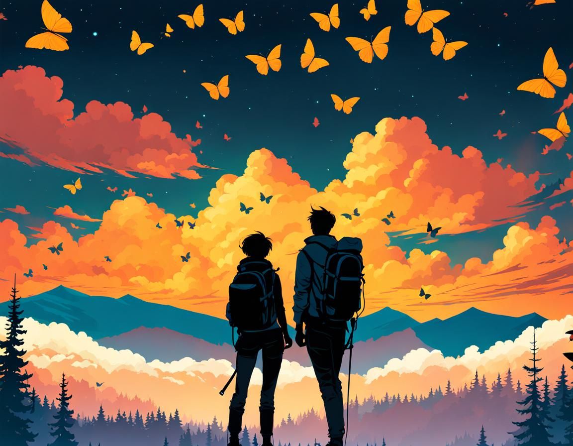 Glowing Butterflies Surround Couple in Mountains