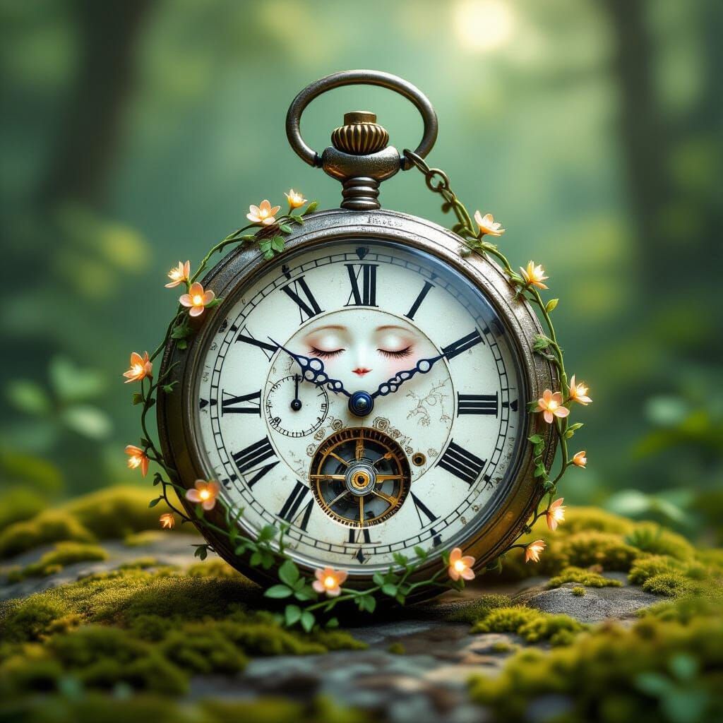Antique Pocket Watch with Expressive Face in Fantasy Forest