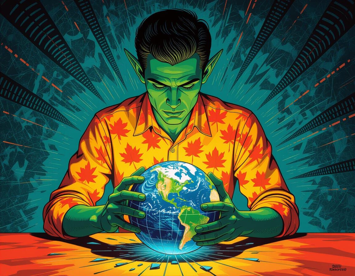 Greek Elf Shatters Autumn Globe in Giger Style