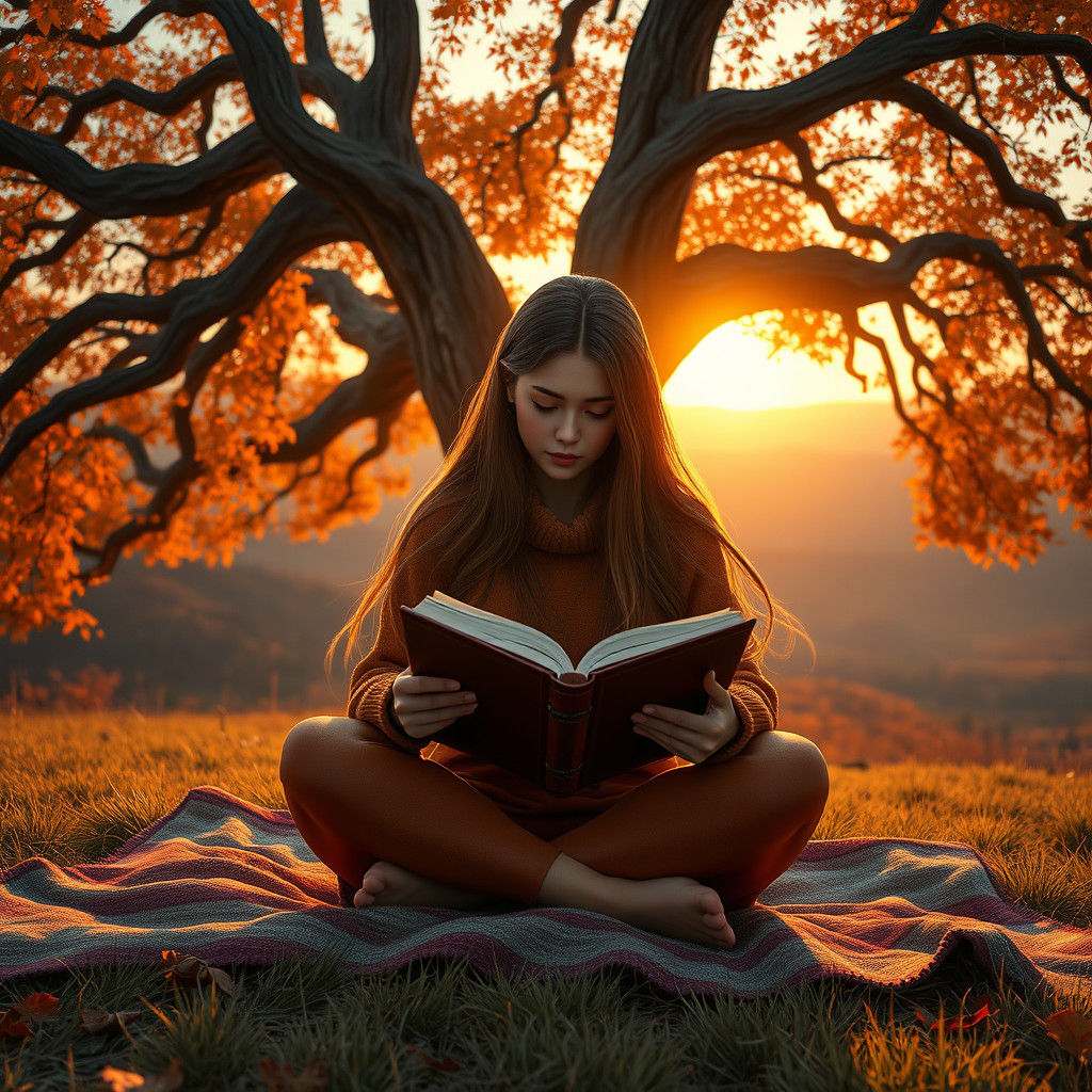 Autumnal Serenity: Woman Reading Under Oak Tree