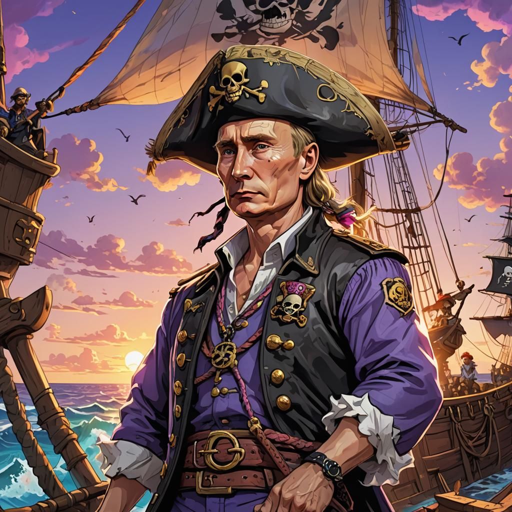Putin as Anime Pirate King in Sunset Scene