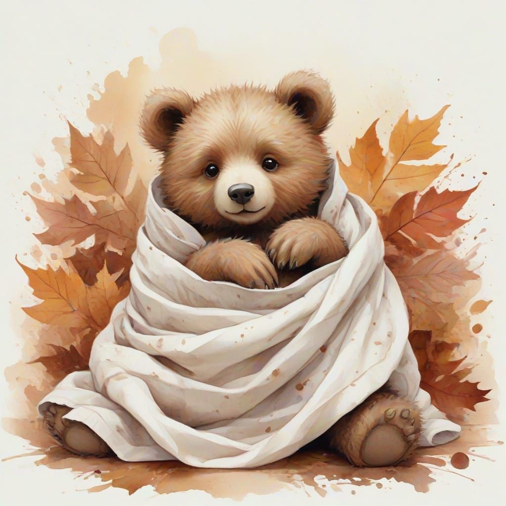 Chibi Bear Cub Sleeping in Leaves, Painterly Whimsy