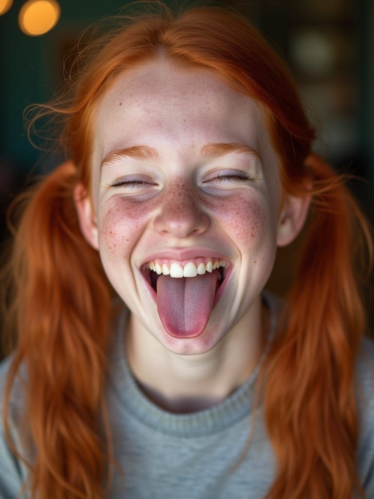 Redhead Girl Portrait with Freckles and Ponytails