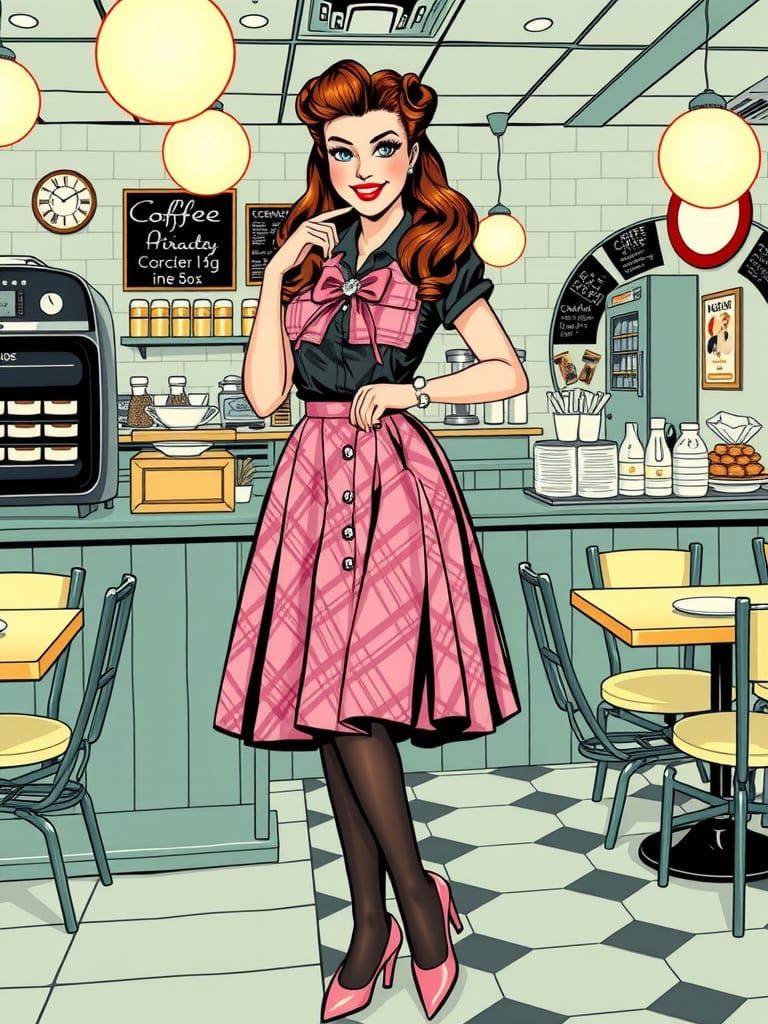 Pin Up Girl in Vintage Coffee Shop