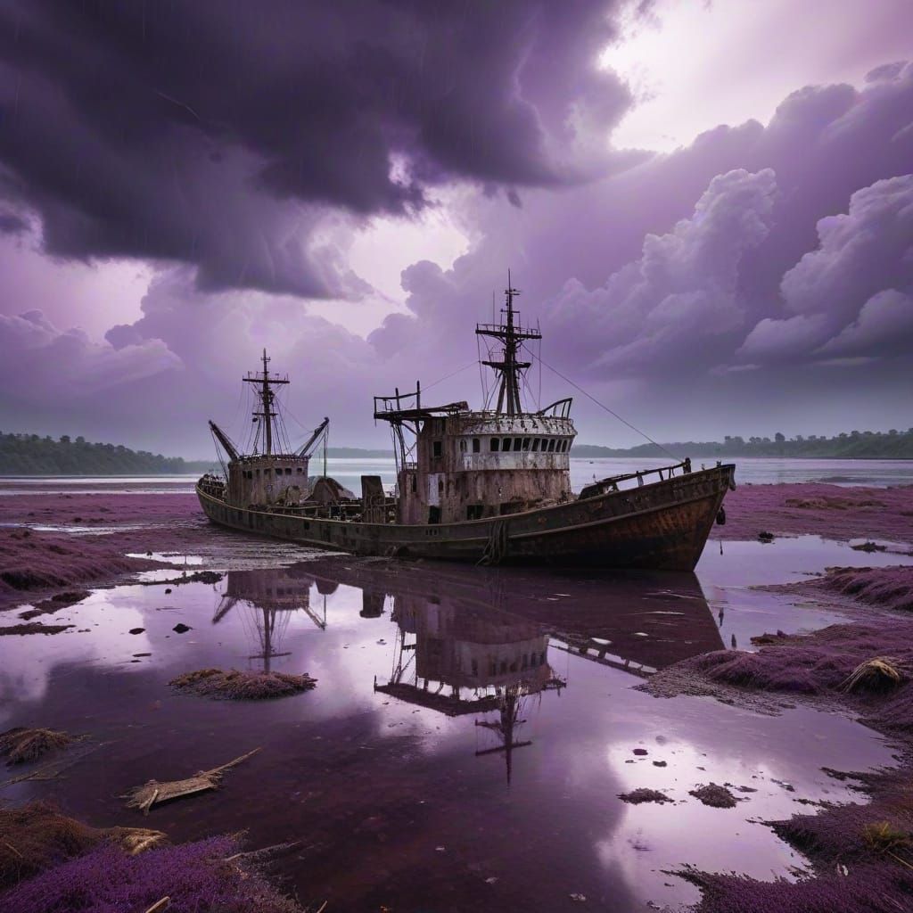 Derelict Ships on Contaminated Lake Under Purple Rain Clouds