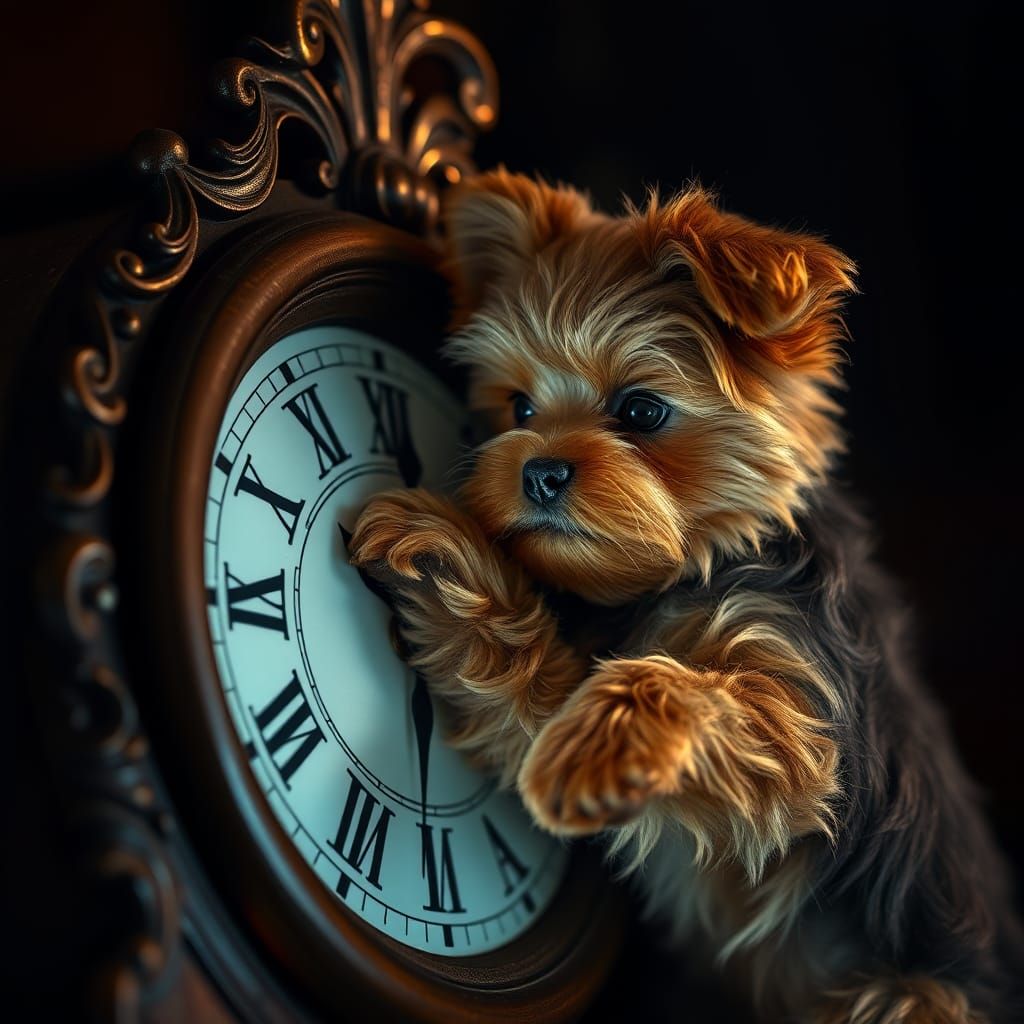 Yorkie Puppy Plays with Clock: Photorealistic Portrait