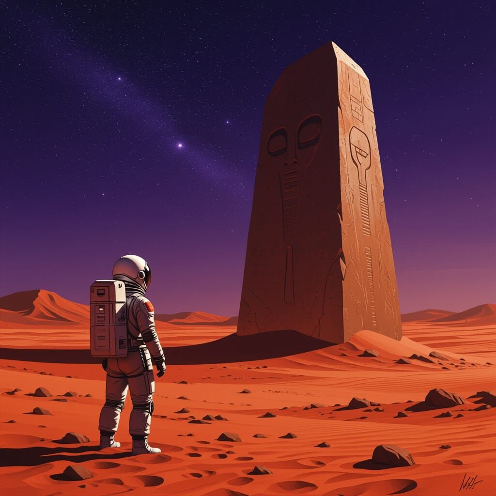 Astronaut on Mars Gazing at Alien Monolith in Violet Sky