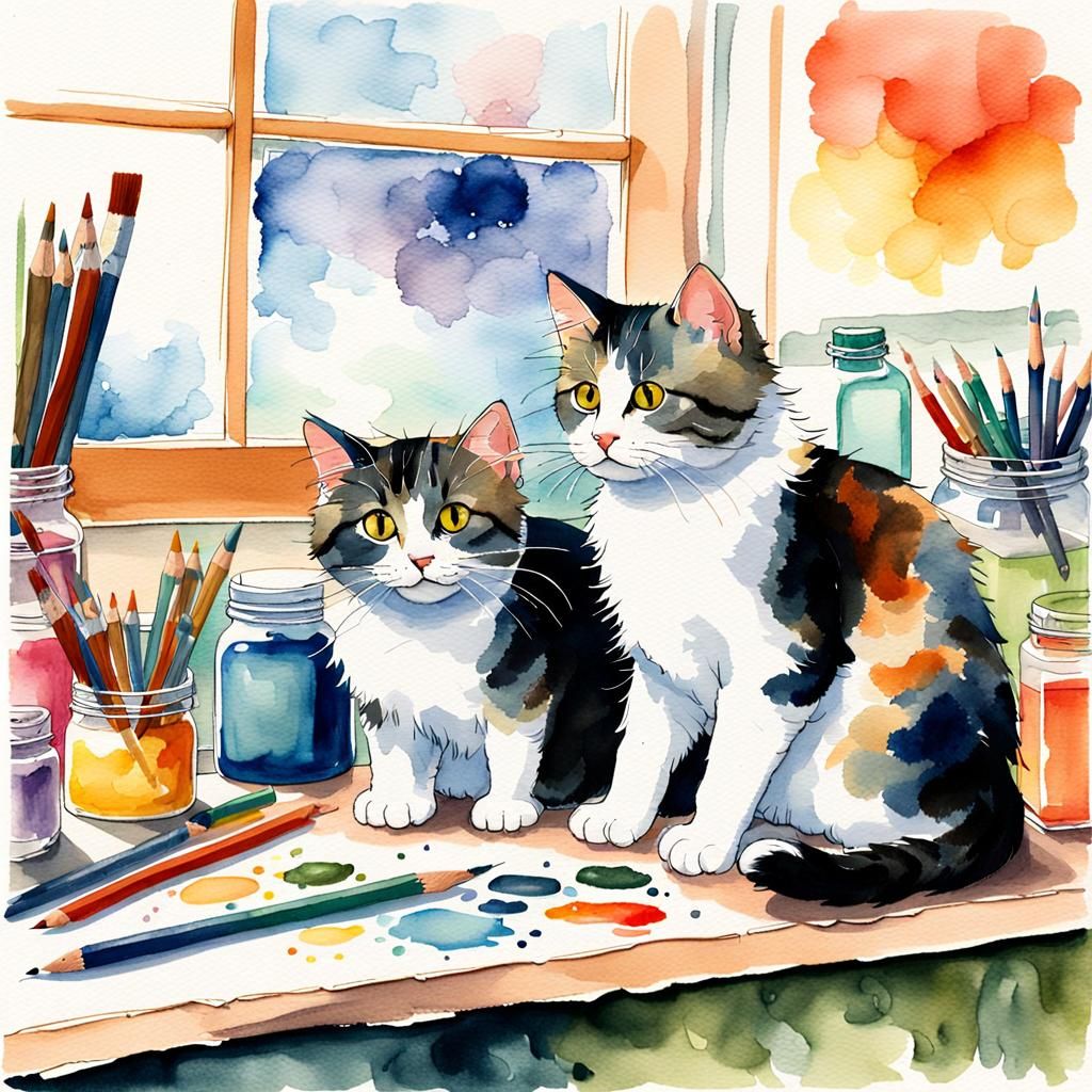 Whimsical Watercolor Cats in an Art Studio