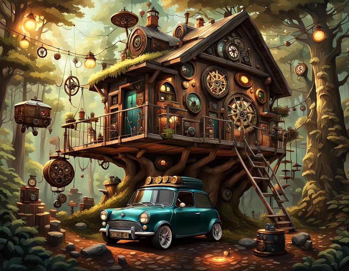 Raccoons in Steampunk Treehouse in Mysterious Forest