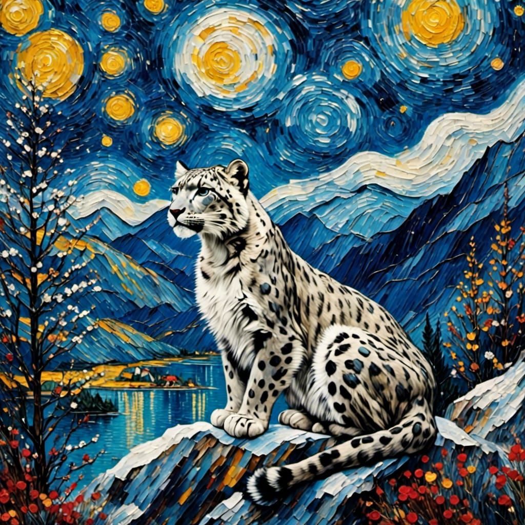 Snow Leopard in Starry Night Style Landscape