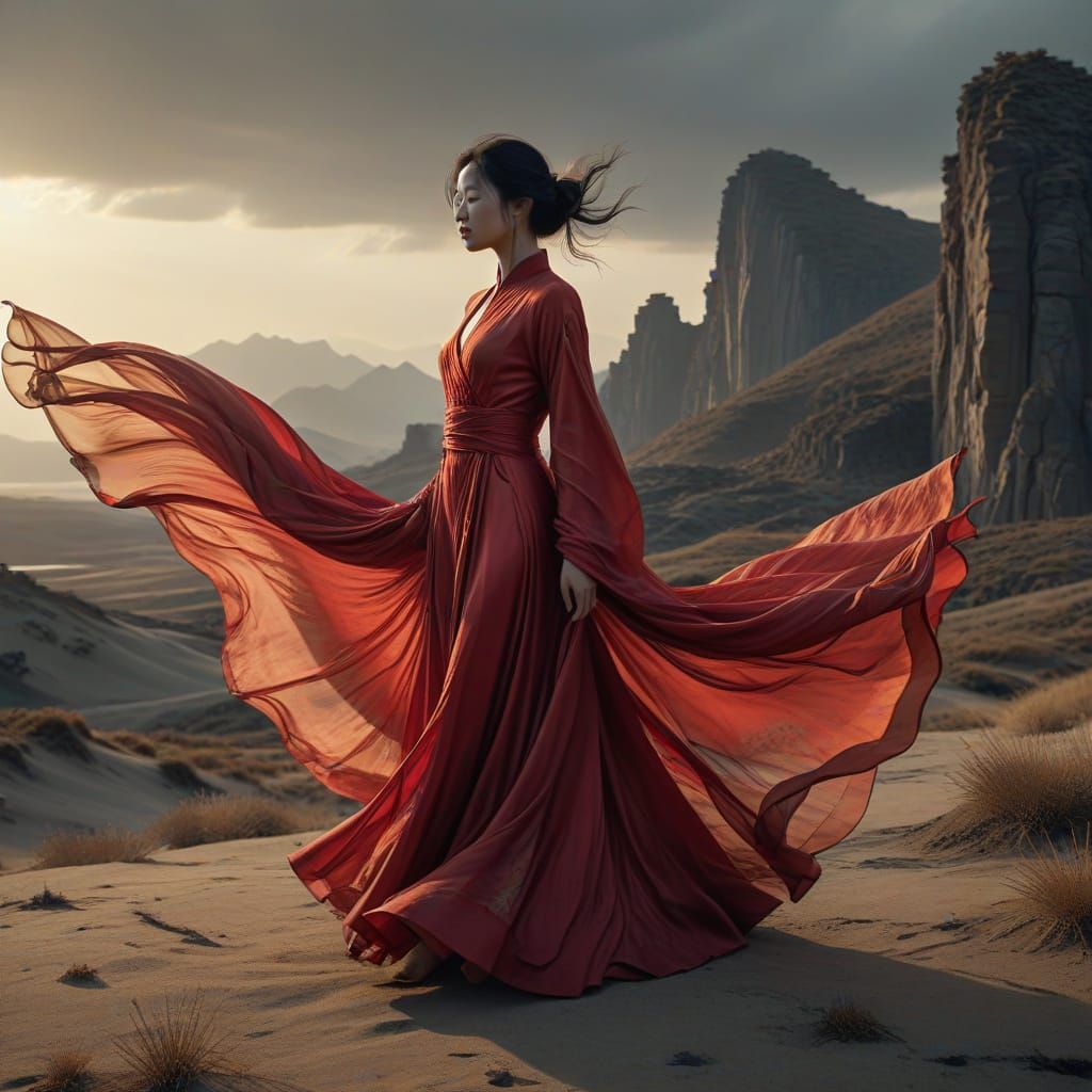Solitary Chinese Woman in Opulent Silk Gown
