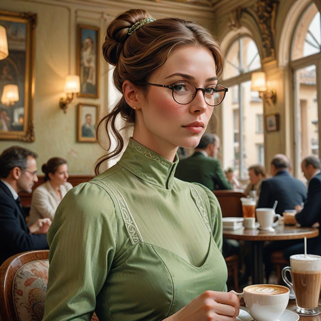 Eurasian Woman in Parisian Cafe, Ligne Claire Style