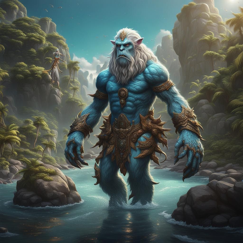 Swimsuit Model and Yeti in Detailed Matte Painting