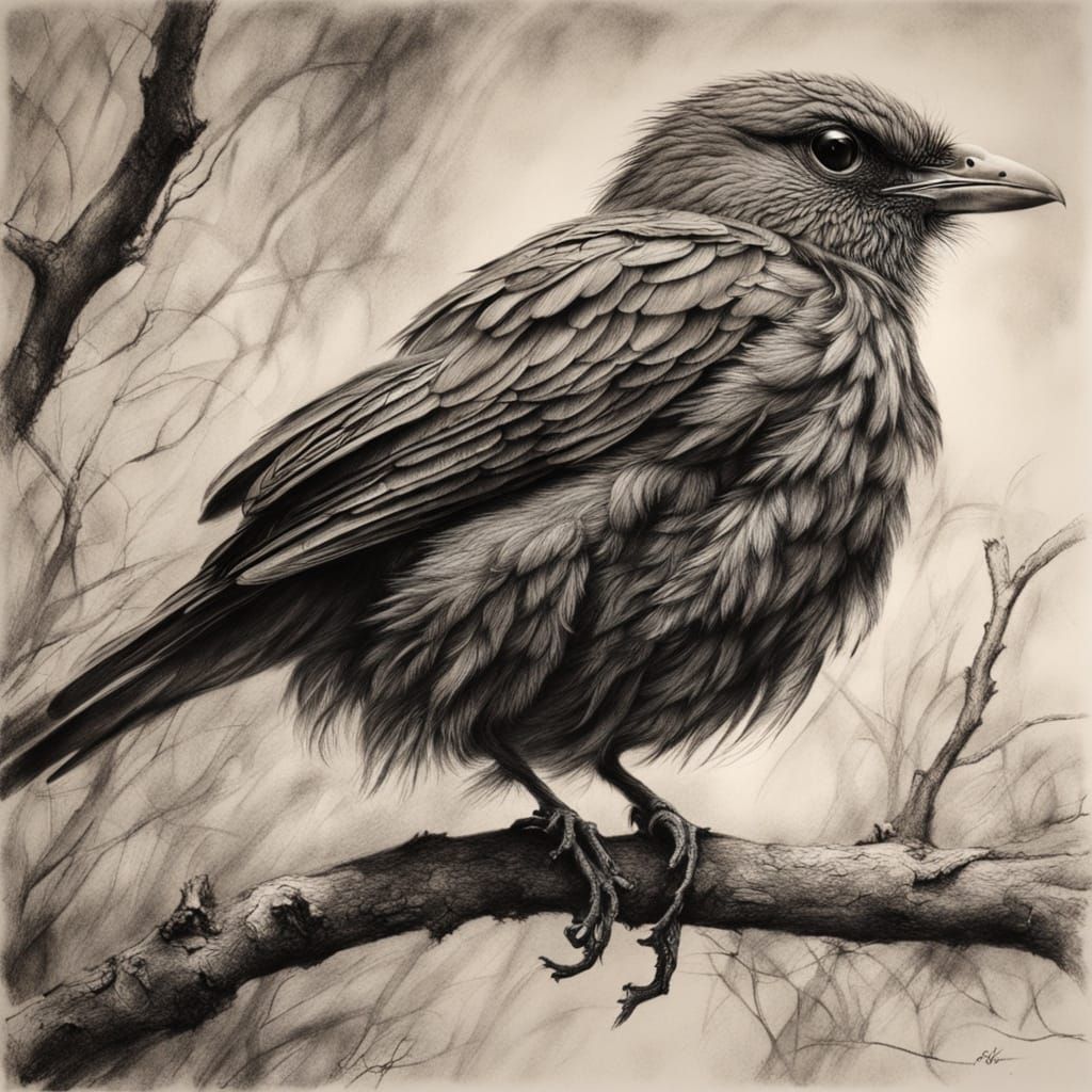 Charcoal Masterpiece: Bird on Gnarled Branch