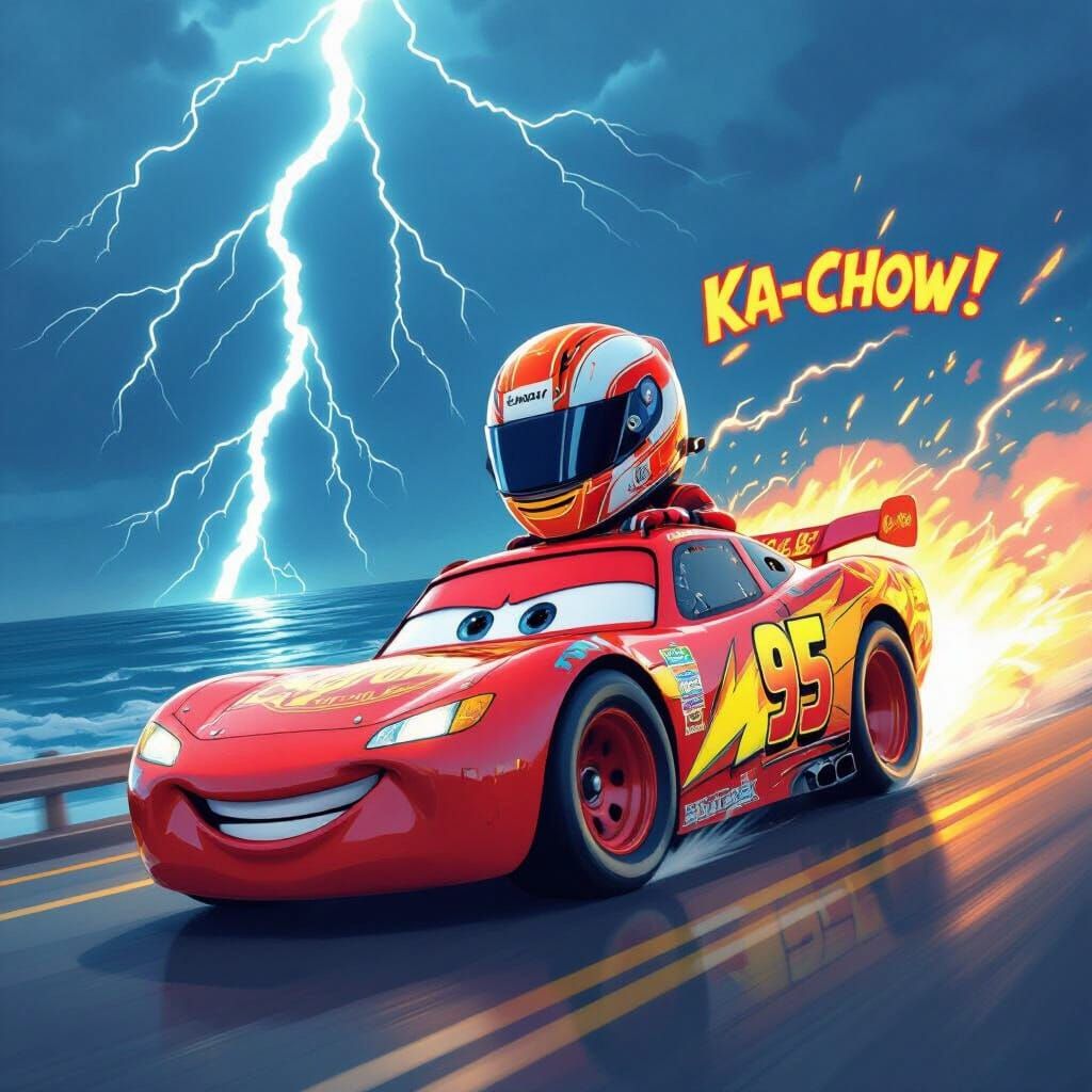 Lightning McQueen Speeding Through a Lightning Strike