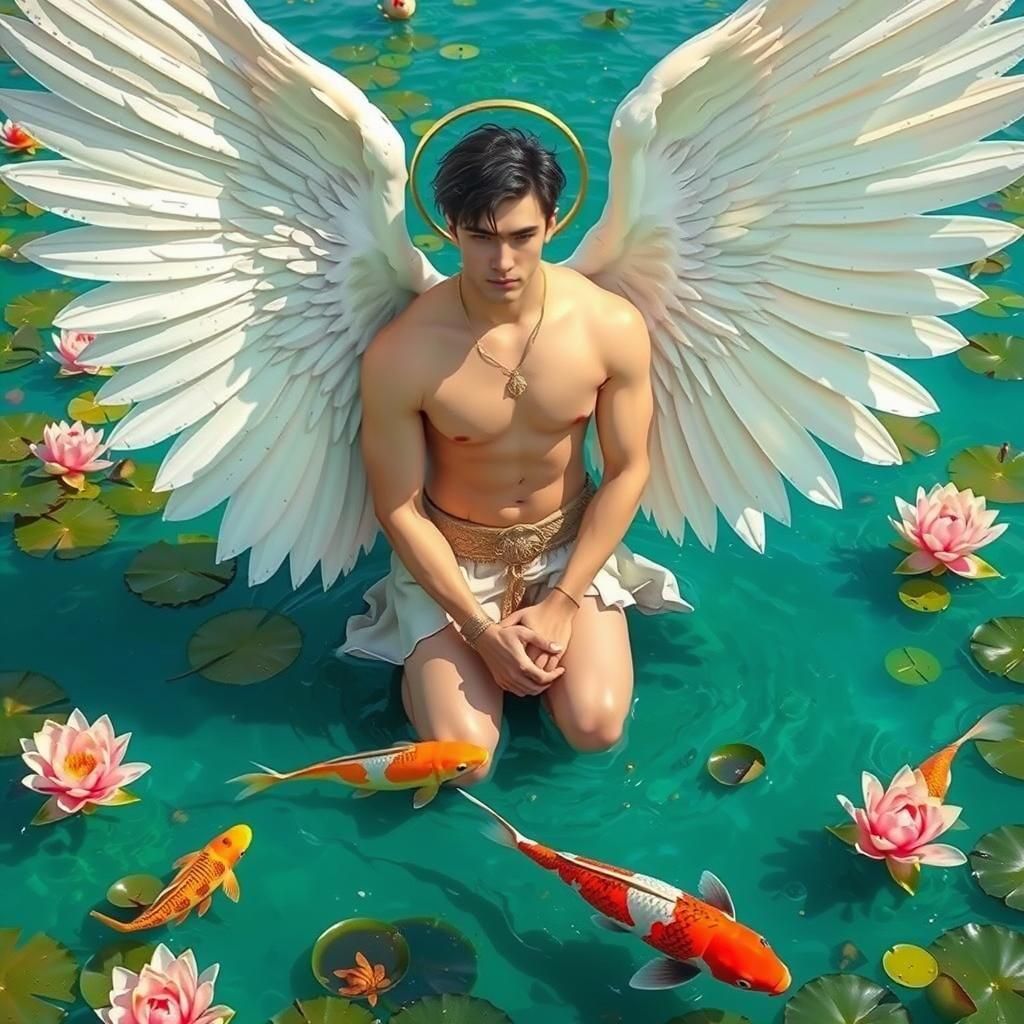 Celestial Man Kneeling in Koi Pond