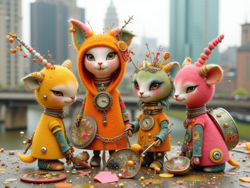 Quirky Robot Toys on City Rooftop