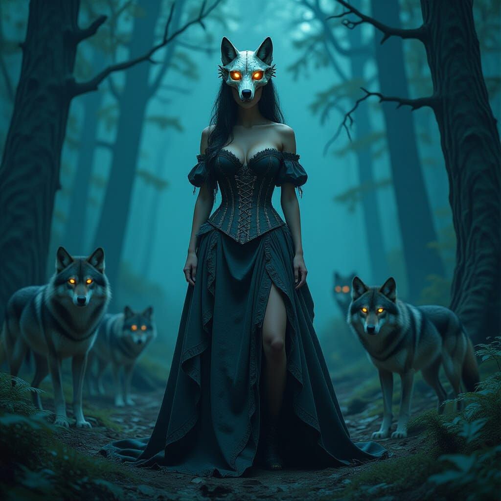 Mystical Forest Woman Surrounded by Wolves