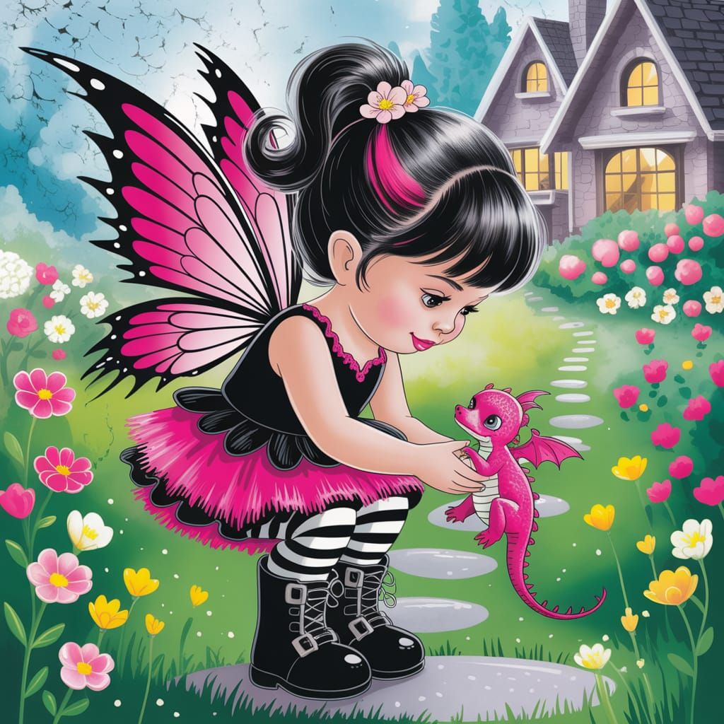 Whimsical Fairy Girl with Dragon, Airbrush Illustration
