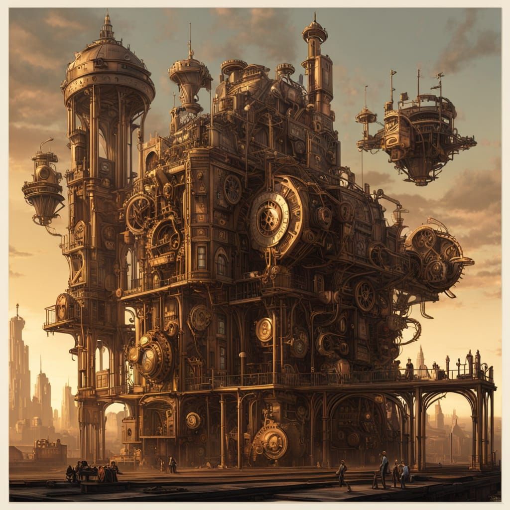 Steampunk Cityscape with Mechanical Heart in Digital Art