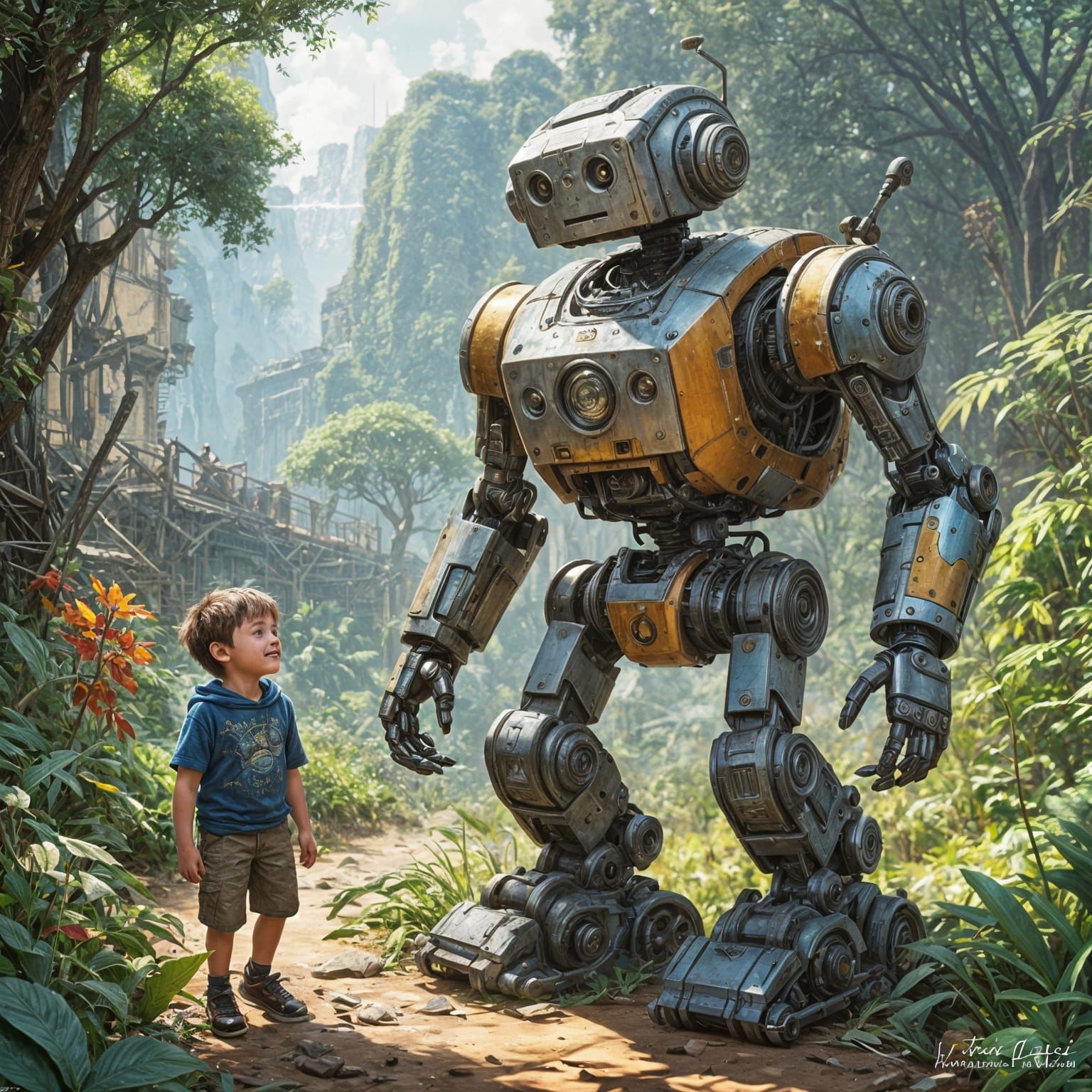 Boy and Robot in Detailed Watercolor Style