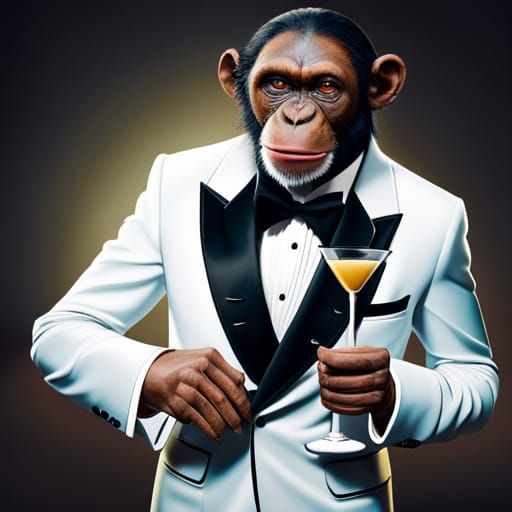 Chimpanzee James Bond in Tuxedo, Martini in Ballroom