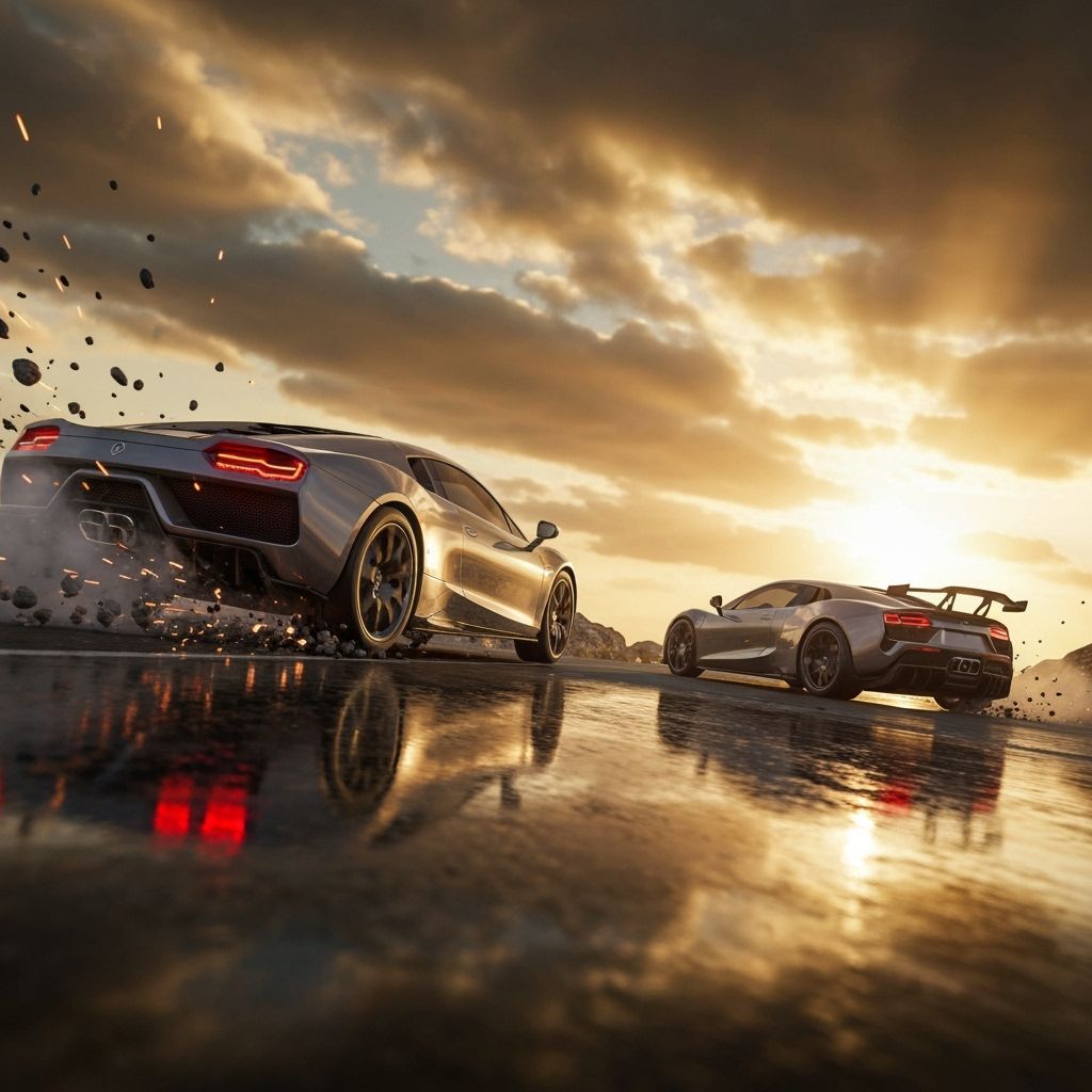 Exotic Sports Cars Racing Cliffside Road at Sunset